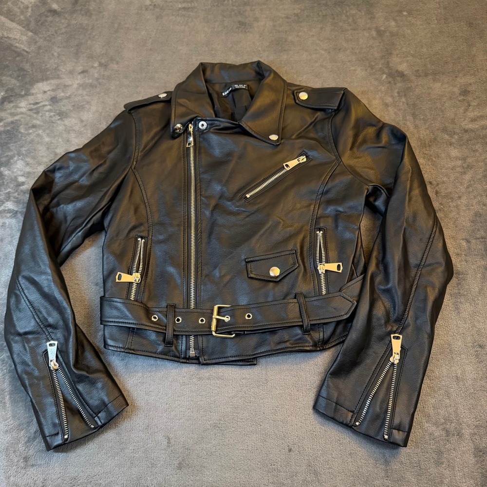 SHEIN Moto Jacket Womens Small Black Belted Faux‎ Leather Biker Zip